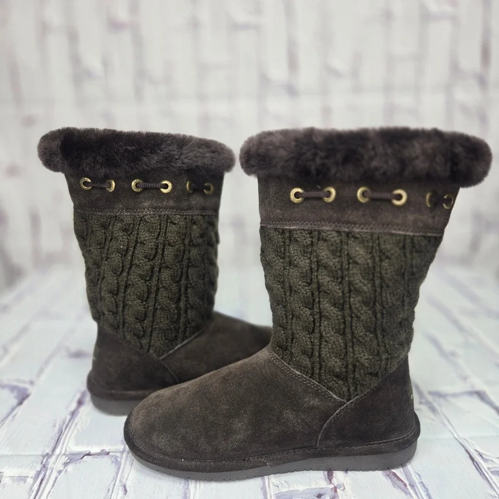 Bearpaw Womens Brown Suede‎ Cable Knit Tassel Faux Fur Winter Boots Size 7 Comfy
